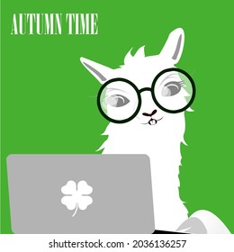 White llama, alpaca in round glasses with diopters. Gray laptop for distance learning, work. The inscription "Autumn time". A leaf of clover. Green background. St. Patrick's Day.