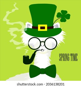 A white llama, an alpaca with round glasses. A green leprechaun hat, a smoking pipe and smoke. The inscription "Spring time". A leaf of clover, good luck. Green background, bow tie. St. Patrick's Day.