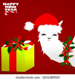 White llama, alpaca smiles in the red hat of Santa Claus. A yellow box with a lollipop. A wreath of holly leaves, berries and a bow. The inscription "happy new year". Greeting card with text. Red back