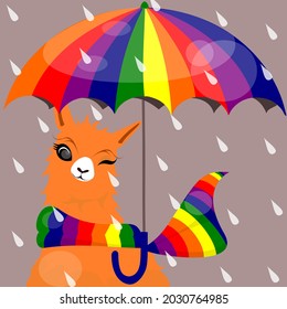 A white llama, an alpaca smiles in a scarf with an umbrella. Rainbow colors. A rainbow in the rain. Flat drawing. A rainy autumn day. Rain and wind. A set of clothes for autumn.