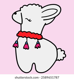 White llama with bow and ethnic decorations, children's doodle cute illustration with llama on pink background, character