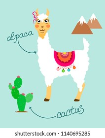 White llama with cactus and mountains. Vibrant vector illustration for decor, graphic.