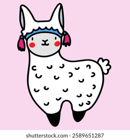 White llama with ethnic decorations, children's doodle illustration with llama on pink background, character