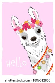 White llama with a flower wreath and multicolored garlands on a pink background. Suitable for postcards, postcards, posters and stickers