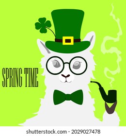 A white llama in a green leprechaun hat. A smoking pipe with smoke. A bow tie around his neck. The inscription "Spring time". Yellow background. St. Patrick's Day. A clover leaf adorns the headdress. 