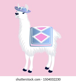 White llama in a hat and cape. Cute cartoon beast. Funny animal. Vector.