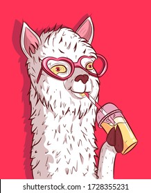 White llama with heart shaped sunglasses drinking lemonade. Funky alpaca holding a plastic cup of cold beverage.