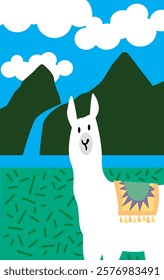 White llama. Mountain landscape with waterfall and surprised llama. Vector image for prints, poster and illustrations.