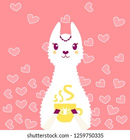 White llama with a mug of hot tea, on a pink background with hearts. Sweet children's graphics for t-shirts. Greeting card - vector graphics