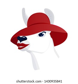 White llama in a red hat with red lips on a white background