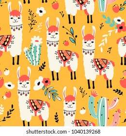 White Llama seamless pattern with lovely llamas, flowers and cacti in vector. 