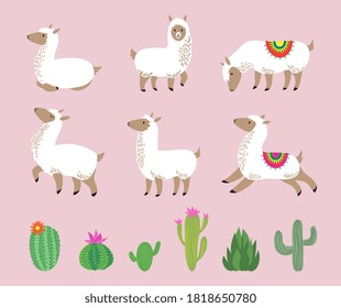 White llama set. Cute alpaca, cartoon wool wild south america animals. Childish llamas characters and cactus vector illustration