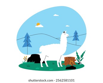 White llama standing in a green meadow, the background is a blue sky with white clouds and shining sun, some trees, ecosystem vector illustration.