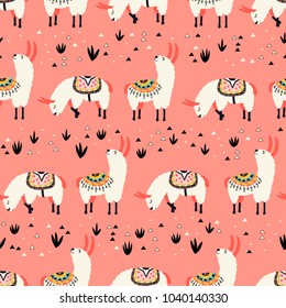 White Llamas on a pink background. Seamless pattern with lovely llamas, flowers and cacti in vector.