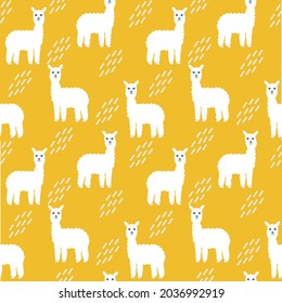 White llamas seamless pattern vector illustration. Fluffy animals llama with drops on a desert background. Template for wallpaper, packaging, fabric and design.