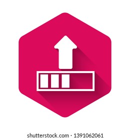White Loading icon isolated with long shadow. Upload in progress. Progress bar icon. Pink hexagon button. Vector Illustration