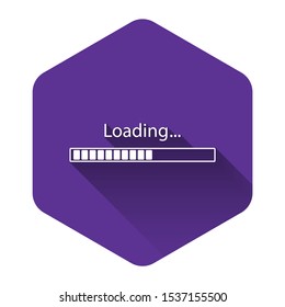 White Loading icon isolated with long shadow. Progress bar icon. Purple hexagon button. Vector Illustration
