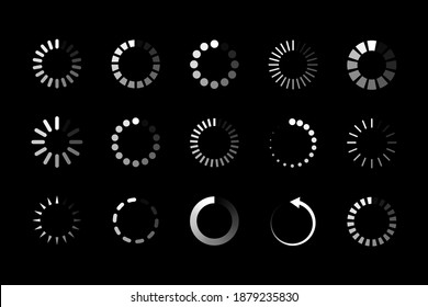 White loading icons on black background. EPS 10 vector