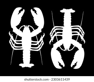 White lobster vector silhouette illustration isolated on black background. Crayfish or Shellfish shape symbol. Seafood sign for restaurant. Fresh dinner. Healthy sea food shadow.