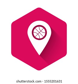 White Location with basketball ball inside icon isolated with long shadow. Pink hexagon button. Vector Illustration