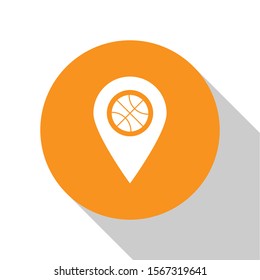White Location with basketball ball inside icon isolated on white background. Orange circle button. Vector Illustration