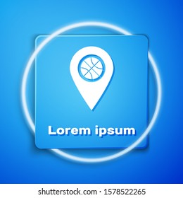 White Location with basketball ball inside icon isolated on blue background. Blue square button. Vector Illustration