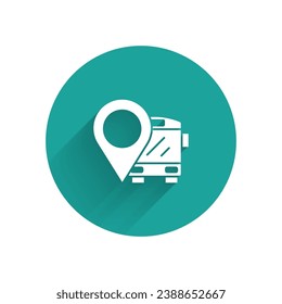 White Location with bus icon isolated with long shadow. Transportation concept. Bus tour transport sign. Tourism or public vehicle symbol. Green circle button. Vector