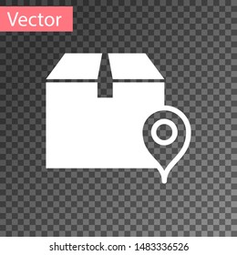 White Location with cardboard box icon isolated on transparent background. Delivery services, logistic and transportation, relocation, distribution.  Vector Illustration