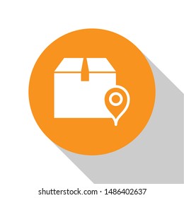 White Location with cardboard box icon isolated on white background. Delivery services, logistic and transportation, relocation, distribution. Orange circle button. Vector Illustration