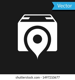 White Location with cardboard box icon isolated on black background. Delivery services, logistic and transportation, relocation, distribution.  Vector Illustration