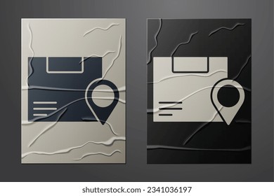 White Location with cardboard box icon isolated on crumpled paper background. Delivery services, logistic and transportation, distribution. Paper art style. Vector Illustration