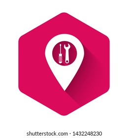 White Location with crossed screwdriver and wrench tools icon isolated with long shadow. Pointer settings symbol. Pink hexagon button. Vector Illustration