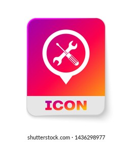 White Location with crossed screwdriver and wrench tools icon isolated on white background. Pointer settings symbol. Rectangle color button. Vector Illustration
