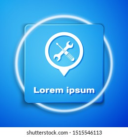 White Location with crossed screwdriver and wrench tools icon isolated on blue background. Pointer settings symbol. Blue square button. Vector Illustration