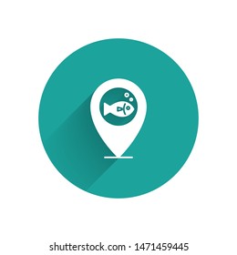 White Location fishing icon isolated with long shadow. Fishing place. Green circle button. Vector Illustration