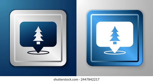 White Location of the forest on a map icon isolated on blue and grey background. Silver and blue square button. Vector