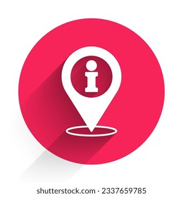 White Location with information icon isolated with long shadow. Red circle button. Vector
