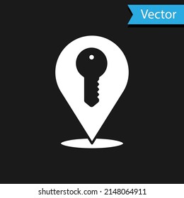 White Location key icon isolated on black background. The concept of the house turnkey. Vector