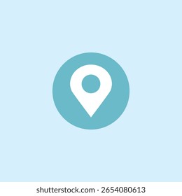 Um ícone branco de marcador de local em um círculo azul. Representa um local, destino ou posição em um mapa. Adequado para navegação, direções ou temas de mapeamento digital.