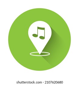 Musikalische Note "White Location" Symbol einzeln auf langem Hintergrund. Musik- und Tonkonzept. Grüner Kreis-Knopf. Vektorgrafik