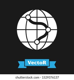 White Location on the globe icon isolated on black background. World or Earth sign.  Vector Illustration