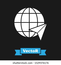 White Location on the globe icon isolated on black background. World or Earth sign.  Vector Illustration
