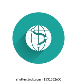 White Location on the globe icon isolated with long shadow. World or Earth sign. Green circle button. Vector Illustration