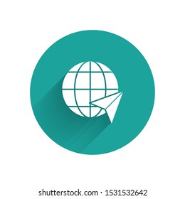 White Location on the globe icon isolated with long shadow. World or Earth sign. Green circle button. Vector Illustration
