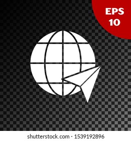 White Location on the globe icon isolated on transparent dark background. World or Earth sign.  Vector Illustration