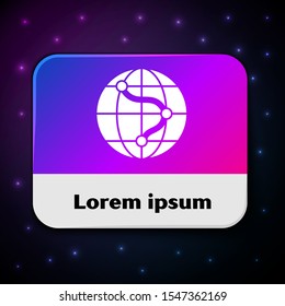 White Location on the globe icon isolated on black background. World or Earth sign. Rectangle color button. Vector Illustration