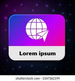 White Location on the globe icon isolated on black background. World or Earth sign. Rectangle color button. Vector Illustration
