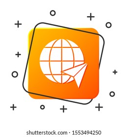 White Location on the globe icon isolated on white background. World or Earth sign. Orange square button. Vector Illustration