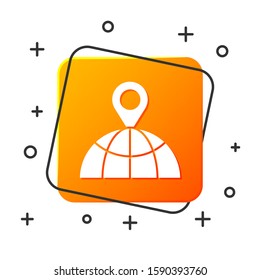 White Location on the globe icon isolated on white background. World or Earth sign. Orange square button. Vector Illustration