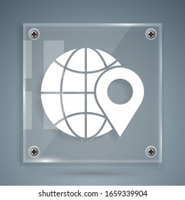 White Location on the globe icon isolated on grey background. World or Earth sign. Square glass panels. Vector Illustration